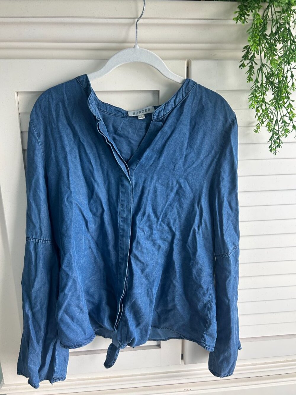 Harper Denim Colored Long Sleeve Blouse with Hidden Buttons and Tie Front